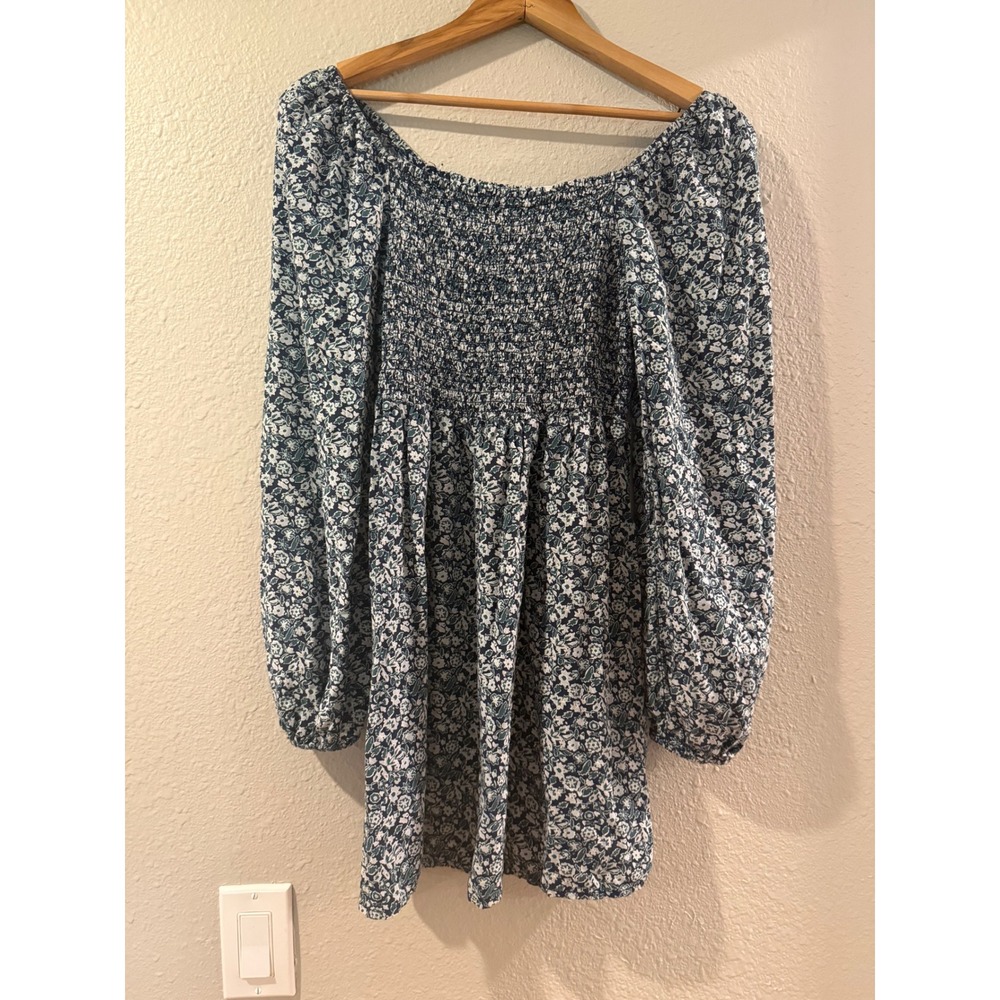 Gap Dress Womens XS Blue White Floral Smocked Puff Sleeve Mini Square Neck Boho - Picture 2 of 3